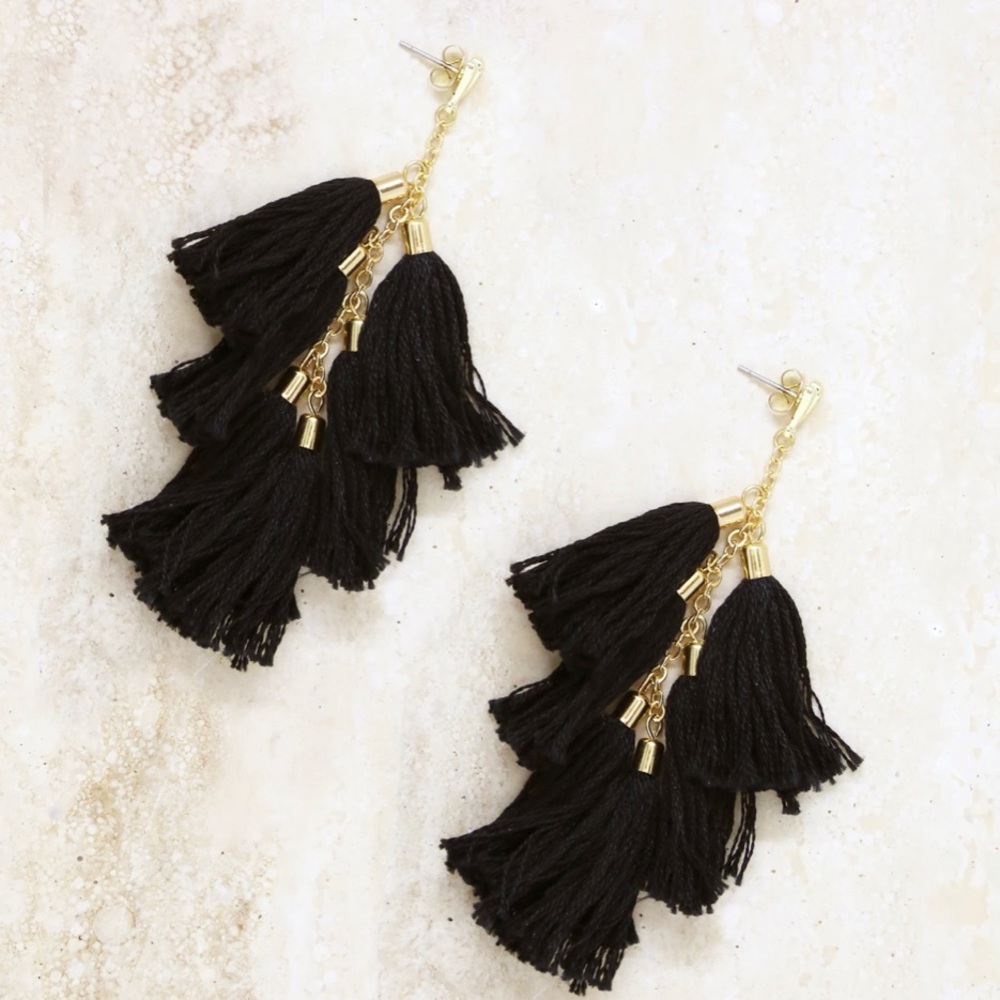 Ettika Daydreamer Tassel Earrings in Black & Gold
